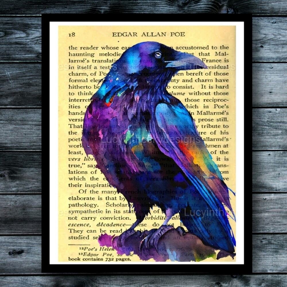 Edgar Allan Poe The Raven Art Print In Jewel Tones Gothic Dark Academia Decor